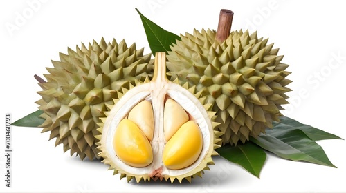 a durian fruit, especially when it's cut in half with leaves and isolated on a white background: