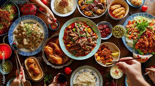 An ultra-high-quality photo capturing the warmth and joy of a Chinese New Year family reunion feast, showcasing a table filled with traditional dishes and festive decorations.
