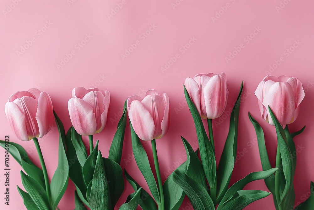 Fototapeta premium pink tulips in a pink background, in the style of simple and elegant style, floral,Generative AI