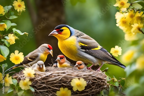 songbird male Finch feeds its hungry Chicks in a nest in a spring blooming garden photo