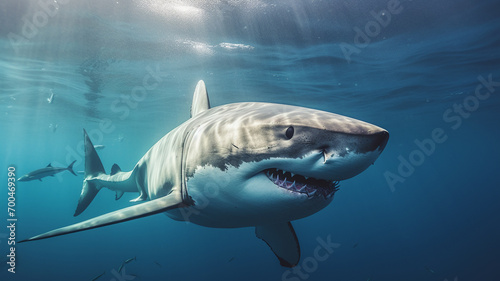 a great white shark, piercing gaze, intense details