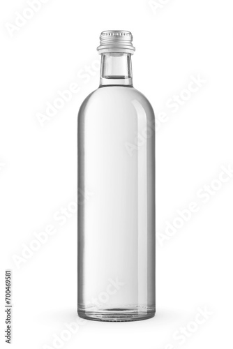 Purified water in a transparent glass bottle with aluminum screw cap isolated.
