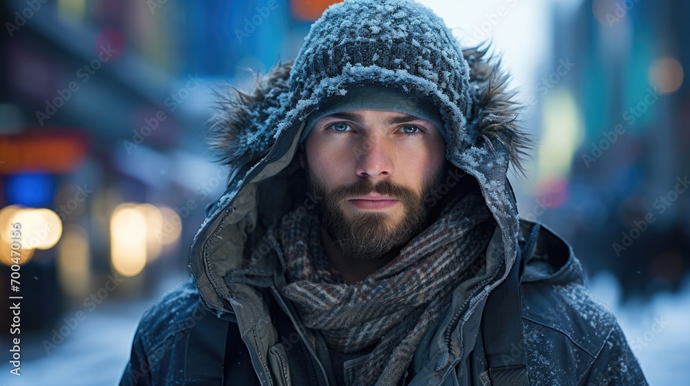 Man in parka, hat and scarf frozen from the cold Man in parka, hat and scarf frozen from the cold