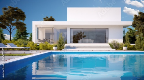 Minimalist modern white house exterior with swimming pool terrace photo