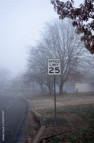 Speed limit sign by road in a neighborhood on a foggy fall morning