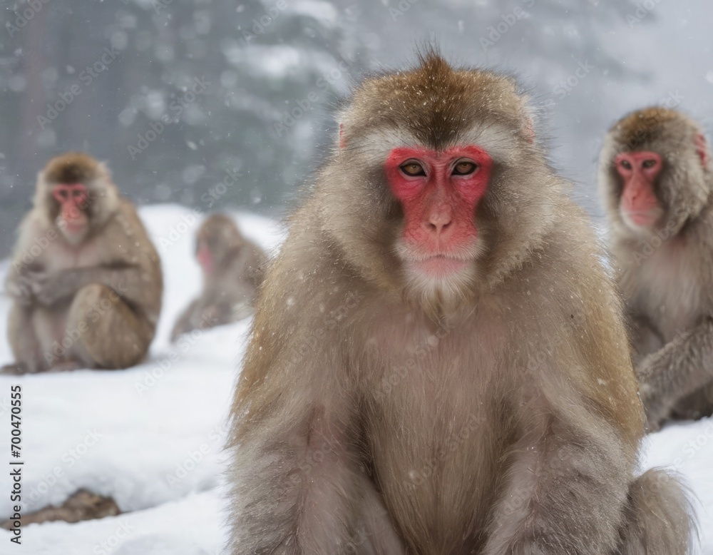 Japanese macaque snow monkeys (Macaca fuscata) in the snow, fog, Japanese macaque snow monkeys (Macaca fuscata) in the snow, fog,