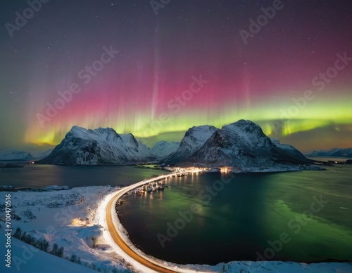 Bright Winter Night In Arctic Norway  Traffic trails at the fjor