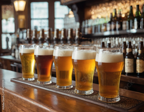 Glasses of cold beer, ale on the bar counter. Holiday of Ireland photo