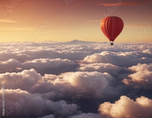 Illustration of red hot air balloon flying over fluffy clouds ag