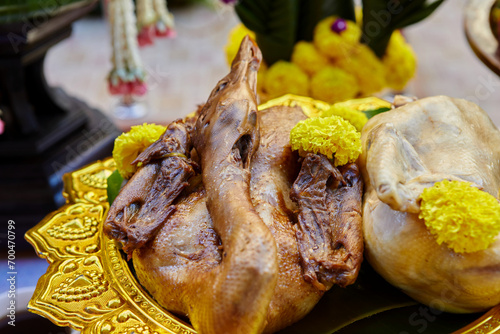 Photography Close-up view of boiled duck and chicken for pay respect to god