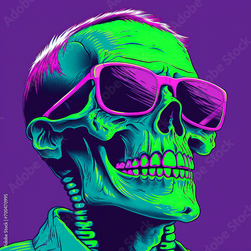 A glowing head of a skeleton wearing sunglasses. Generative AI © Oleksandr
