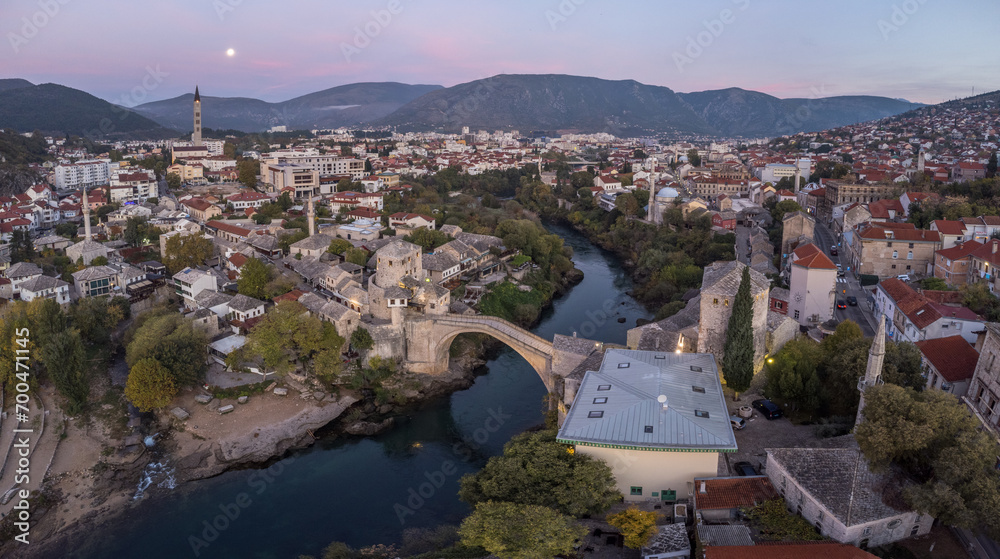 Panoramic view of moon, Mostar and Neretva River