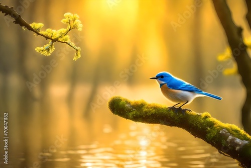Natural background and a small blue bird perched on a branch with a small moss tree, covered in the forest by water against the yellow light of the background of the spring morning sun