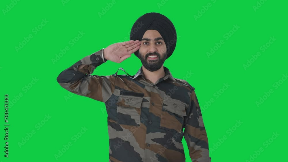 Saluting Screen Happy Sikh Indian Army man saluting Indian flag Green screen Stock ...