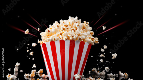 Popcorn flying out of red white striped paper cup © Daniel
