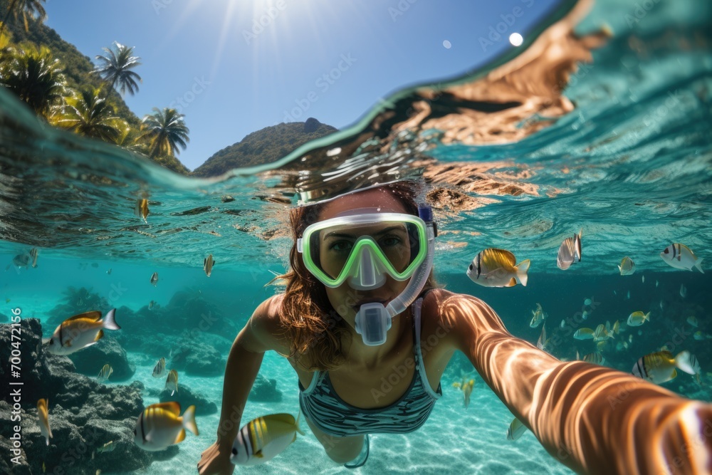 Fototapeta premium Underwater shoot of a young lady snorkeling and doing skin diving in a tropical sea. AI Generated