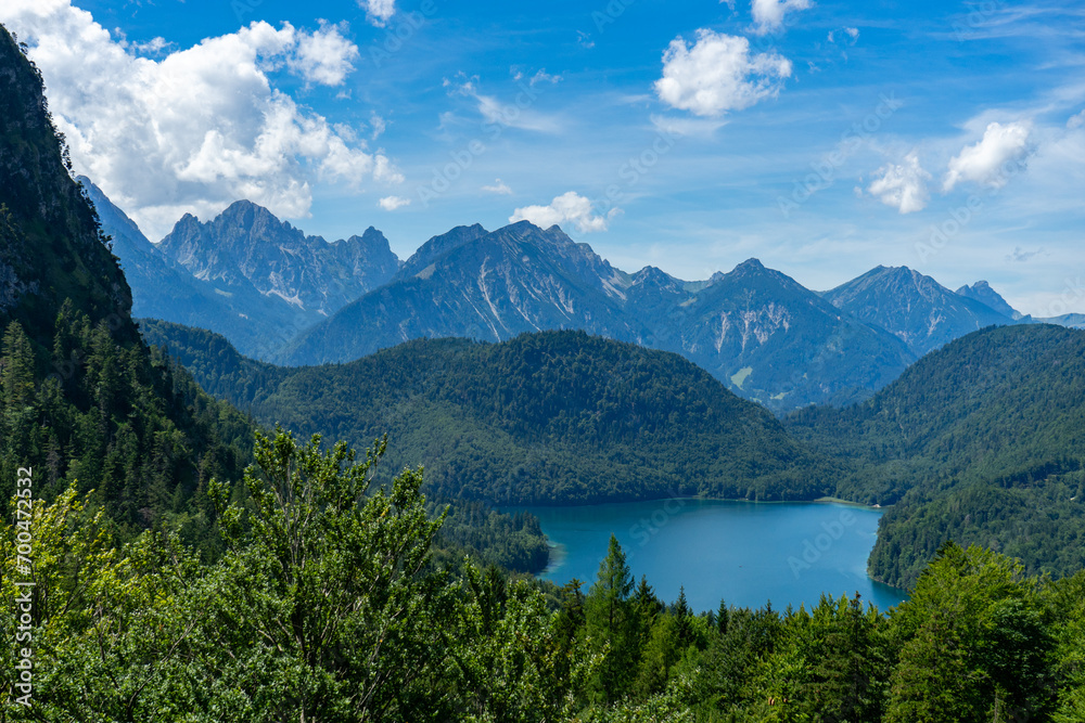 Blue alpine lake surrounded by forest view from above under a blue sky - Germany