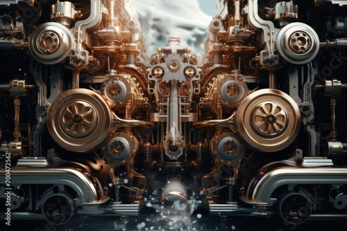 Complex machinery, Gears, Pipes, Engines, Smoke, Steam, Perfect composition. Generative AI. © visoot