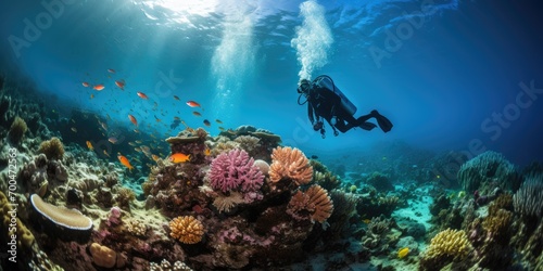 Scuba diving in ocean coral reef sea under water. AI Generated photo
