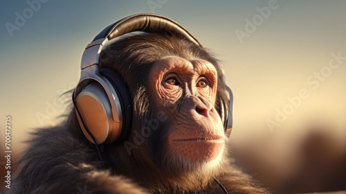 Portrait of monkey listening to music on headphones in house photo