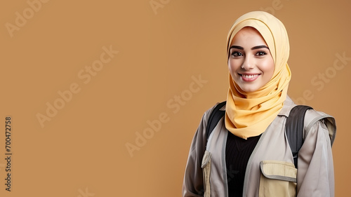Arab hijab woman in public transportation uniform on pastel background © Ari