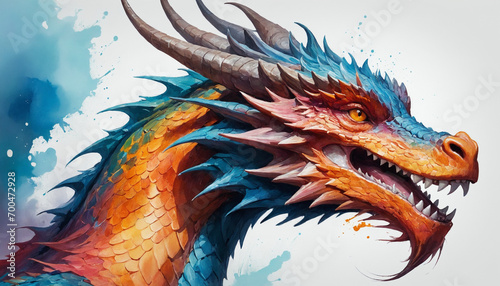 Fantasy dragon illustration. Watercolor style vivid colors. Dragon`s had profile closeup. Year 2024 Symbol art	
 photo