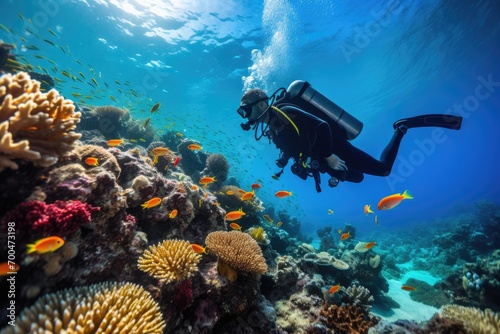 Fototapeta Naklejka Na Ścianę i Meble -  Scuba diving in ocean coral reef sea under water. AI Generated