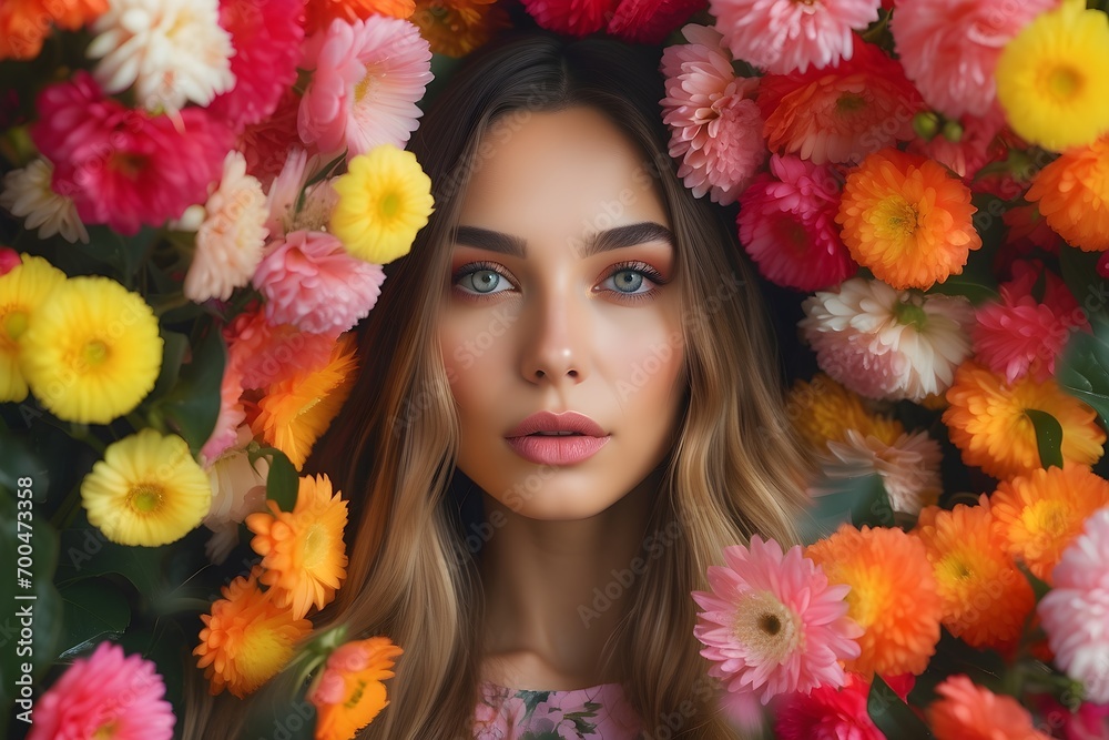View of young woman hidden behind bright blossoming flowers and looking at camera. Generative AI