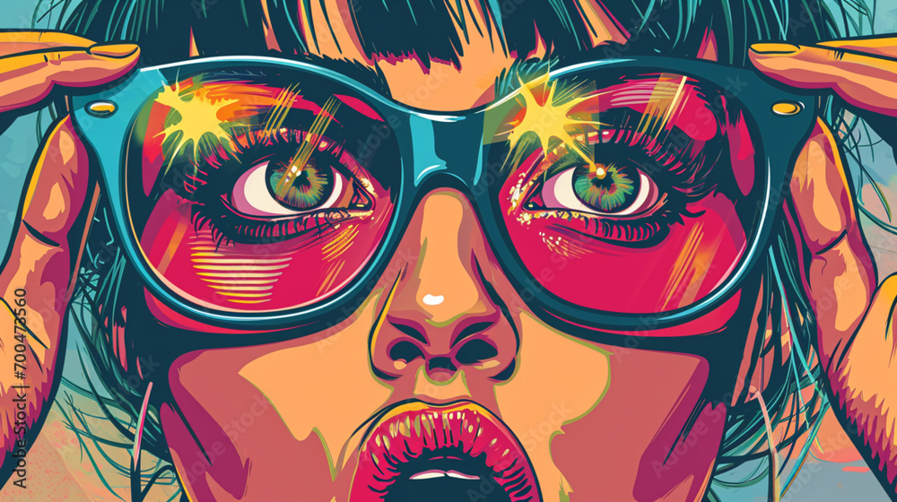 Wow pop art face. Sexy woman with colorful glasses pop art background. Festival cover Wow pop art face. Sexy woman with colorful glasses pop art background. Festival cover
