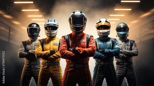 Formula drivers with their overalls and helmets looking at the camera with arms crossed on a straight line of the circuit. Generative AI. photo