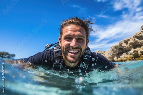 Full length portrait of a man in a wetsuit with snorkeling equipment. AI Generated © dark_blade