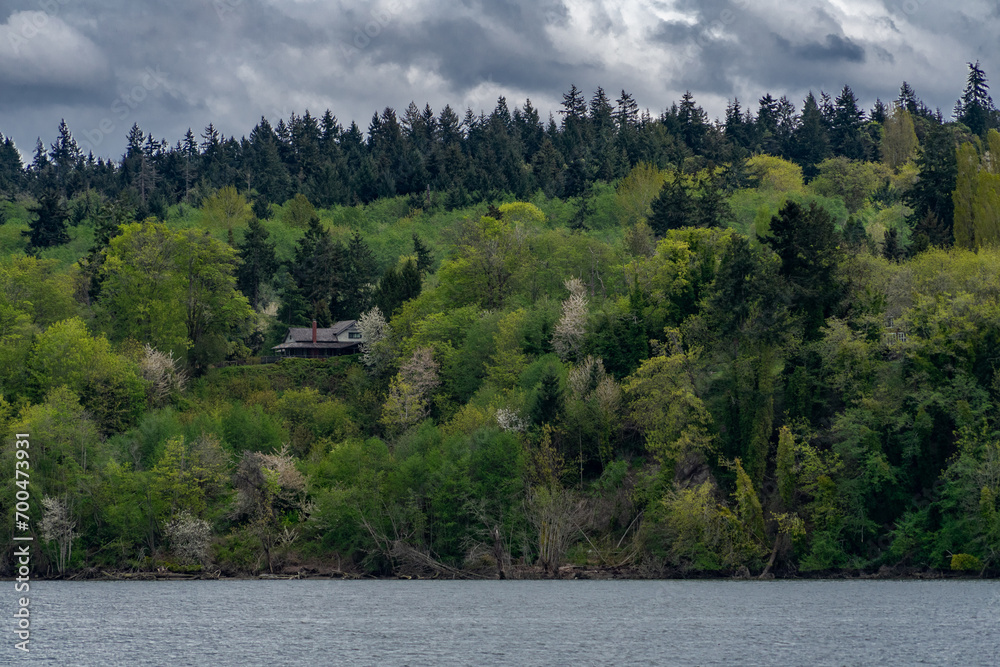 Dramatic rule of thirds view of a house perched in a forest on a hill over the water under a cloudy stormy sky on Vashon Island, Washington