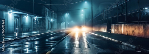 car with headlights on on a rainy city street on midnight