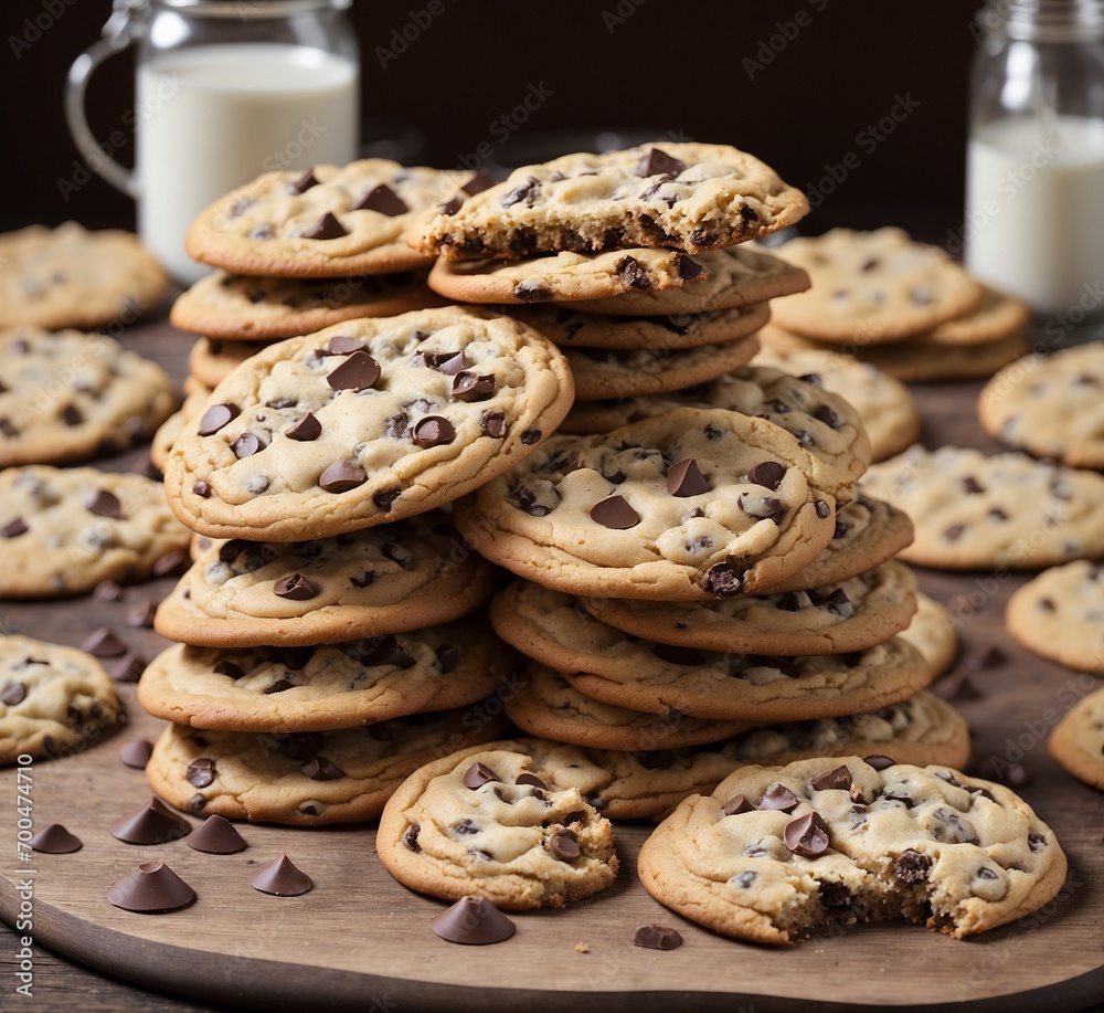 Chocolate chip cookies on a wooden board with milk, selective focus