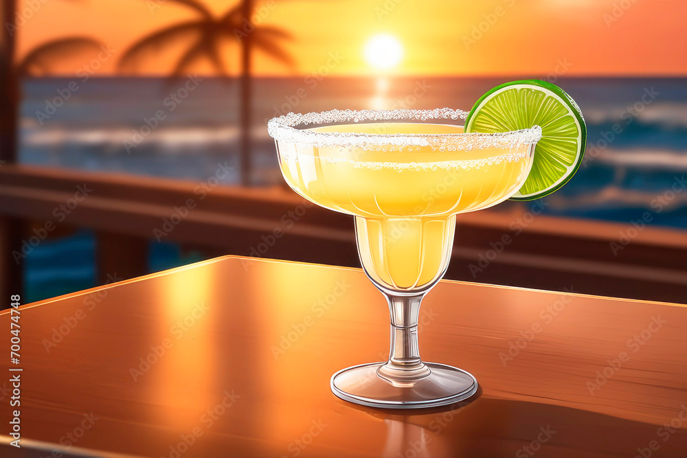 Φωτογραφία The margarita is a cocktail, tequila mixed with orange-flavoured liqueur and lime on beach resort at sunset, Illustartion, HD Photorealistic