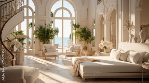 The interior design of the villa is in a romantic retro style. Generative AI.