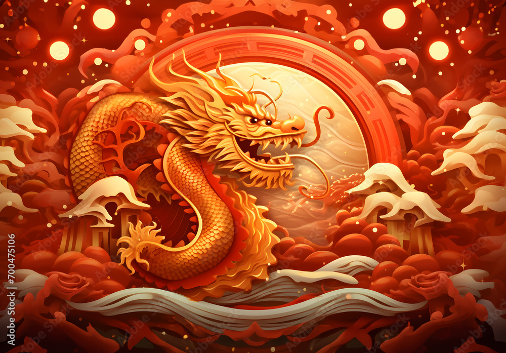 Golden dragon and paper cut plum blossoms. Celebration banner for the Chinese New Year