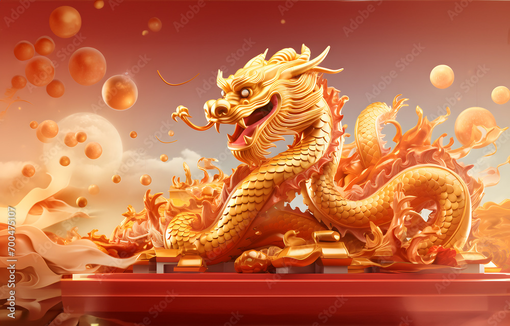 Golden dragon and paper cut plum blossoms. Celebration banner for the Chinese New Year