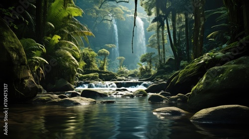 Tropical rainforest with foreground stream, Waterfall in the middle of the background. Generative AI.