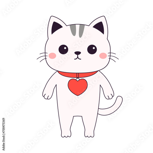 White cat kitten kitty wearing red heart locket. Funny head face. Happy Valentines Day. Contour line doodle. Cute cartoon kawaii animal character. Flat design. Love card. White background. Isolated.