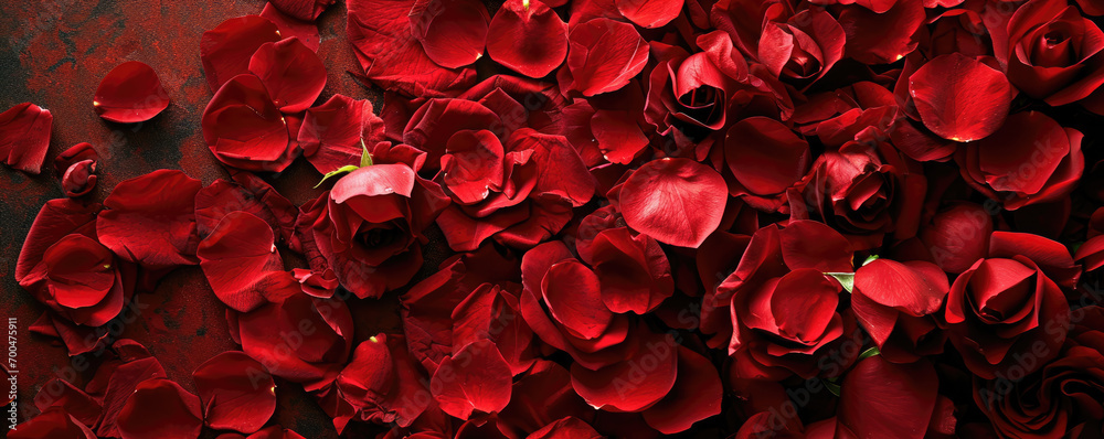 Beautiful background of red rose petals and buds on the table, top view. - obrazy, fototapety, plakaty 
