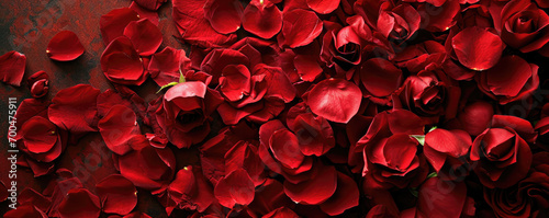 Beautiful background of red rose petals and buds on the table, top view.