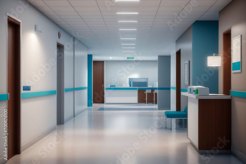 Empty modern hospital corridor, reception clinic. Healthcare services concept.