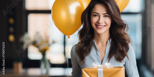 happy caucasian birthday man holding with gift box, balloons in the background. AI Generated