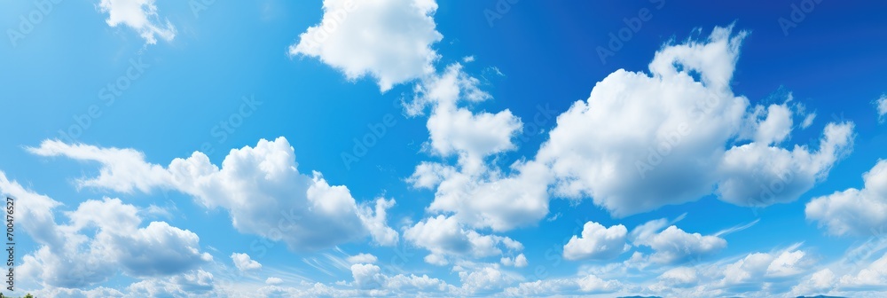 Vibrant blue sky with fluffy white clouds. Generative AI.