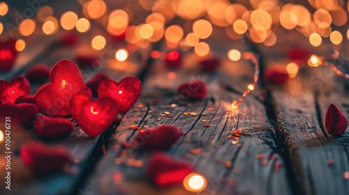 Red hearts on a wooden floor with glare and blurry lights. Close-up. Valentine's Day concept.