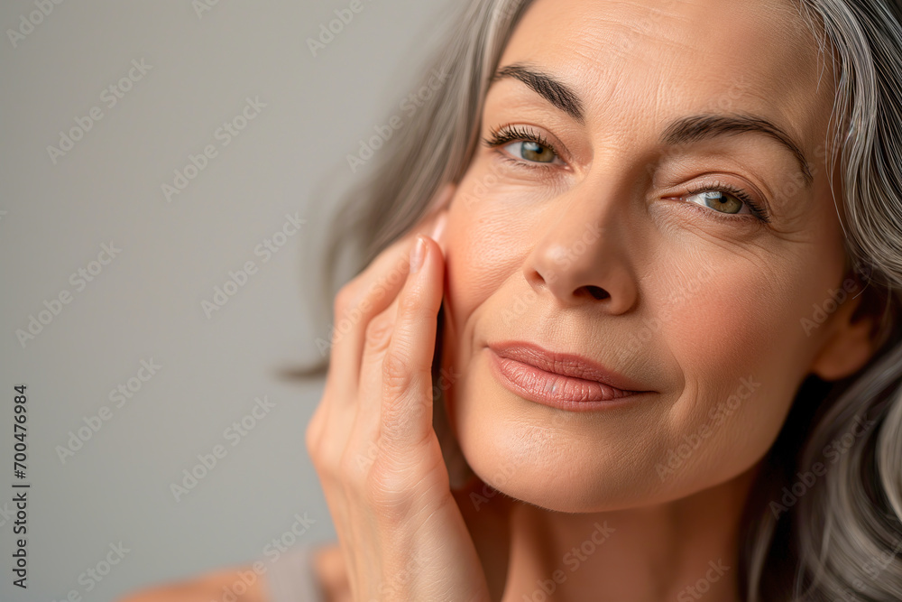 Close-Up Portrait of Mature Woman with Gray Hair Close-Up Portrait of Mature Woman with Gray Hair