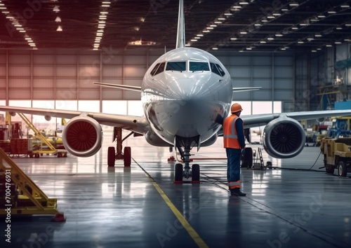 airplane in hangar. aircraft maintenance. man wearing orange uniform