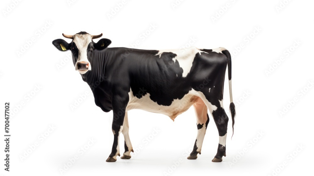 A Solitary Black-and-White Cow Stands Majestic, Displaying a Full-Body View on a Clean White Backdrop