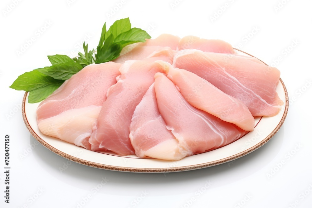 Sliced Raw Chicken Breast Fillets Presented on a Plate, Against a Clean White Background